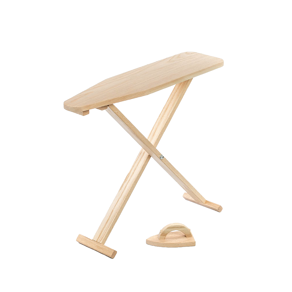 Handcrafted Amish made wooden toy ironing board and small wooden iron, made from smooth unfinished oak for indoor play and children's toys, USA made and best seller.