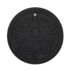 Black round silicone coaster with embossed twin griffin design and a central sun motif, temperature resistant and featuring a hanging eyelet, ideal for camping and lighting accessories.
