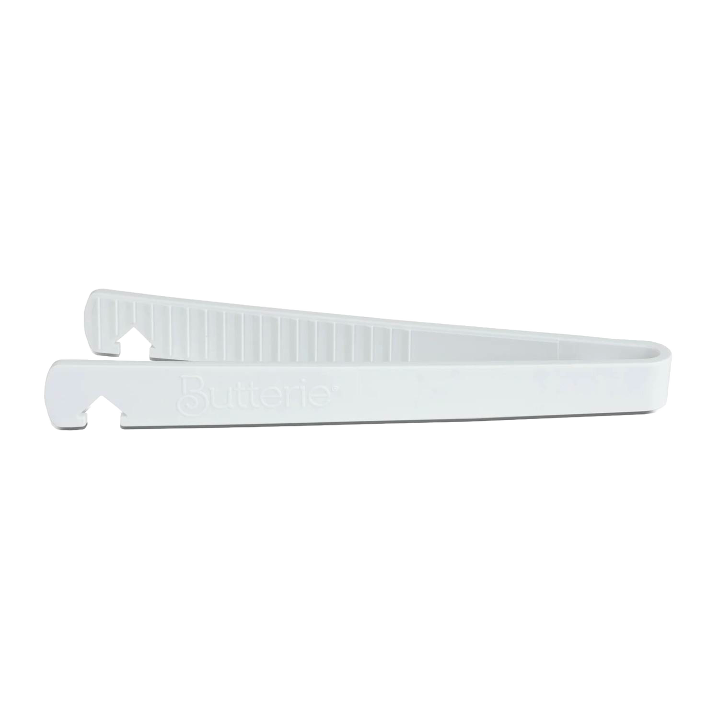 White Butterie toaster tongs with serrated teeth and integrated hook, designed for safe handling in Kitchen Gadgets, Cooking and Baking Helpers, and Kitchen Accessories collections.