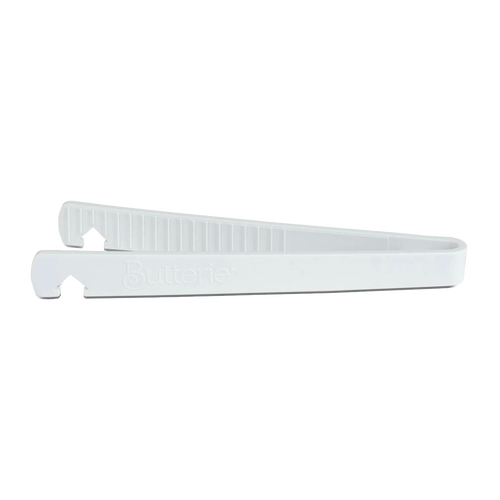 White Butterie toaster tongs with serrated teeth and integrated hook, designed for safe handling in Kitchen Gadgets, Cooking and Baking Helpers, and Kitchen Accessories collections.