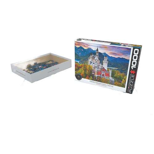 Puzzle box featuring Neuschwanstein Castle image next to a partially completed 1000-piece puzzle in a tray, made in USA and part of Toys, Books & Games and Best Sellers collections.