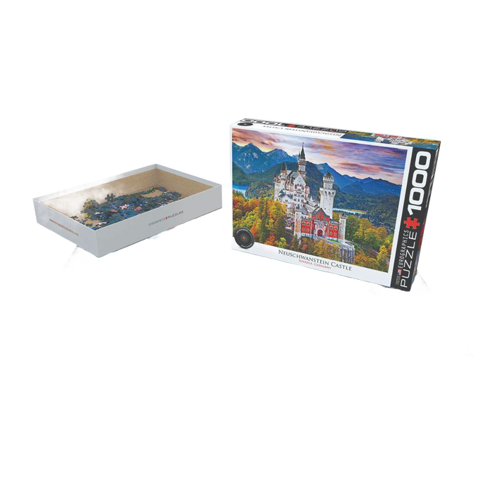 Puzzle box featuring Neuschwanstein Castle image next to a partially completed 1000-piece puzzle in a tray, made in USA and part of Toys, Books & Games and Best Sellers collections.