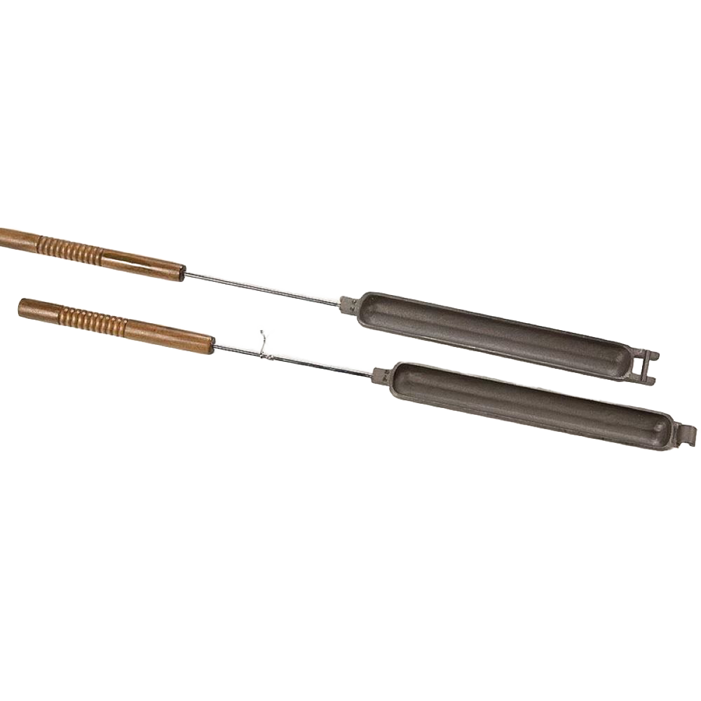 Pair of handcrafted cast iron campfire bread bakers with heavy-duty wooden handles, designed for outdoor cooking, ideal for camping, kitchen, cookware, and farm tool collections.