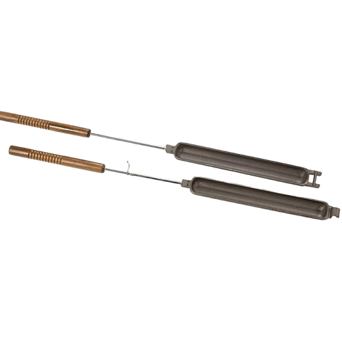 Pair of handcrafted cast iron campfire bread bakers with heavy-duty wooden handles, designed for outdoor cooking, ideal for camping, kitchen, cookware, and farm tool collections.