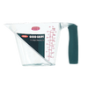Clear plastic measuring cup with angled red measurement markings, textured black soft grip handle, designed for easy reading from above, featured in Kitchen & Food and Measuring collections.