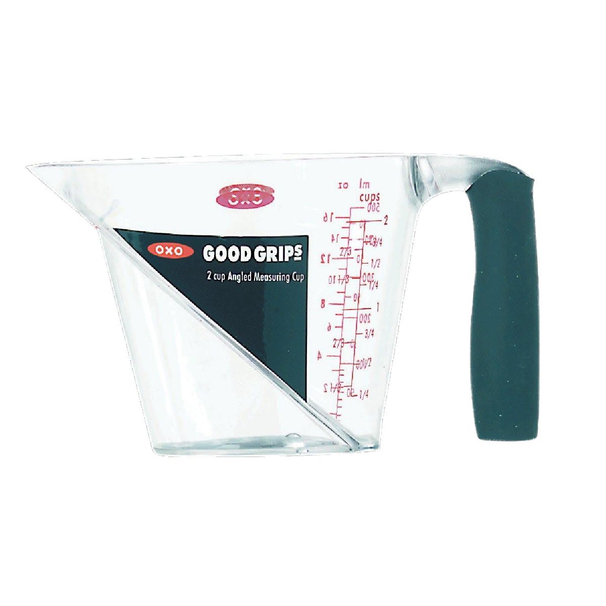 Clear plastic measuring cup with angled red measurement markings, textured black soft grip handle, designed for easy reading from above, featured in Kitchen & Food and Measuring collections.