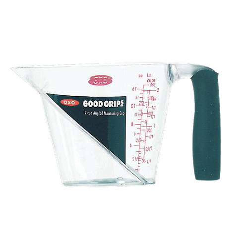 Clear plastic measuring cup with angled red measurement markings, textured black soft grip handle, designed for easy reading from above, featured in Kitchen & Food and Measuring collections.