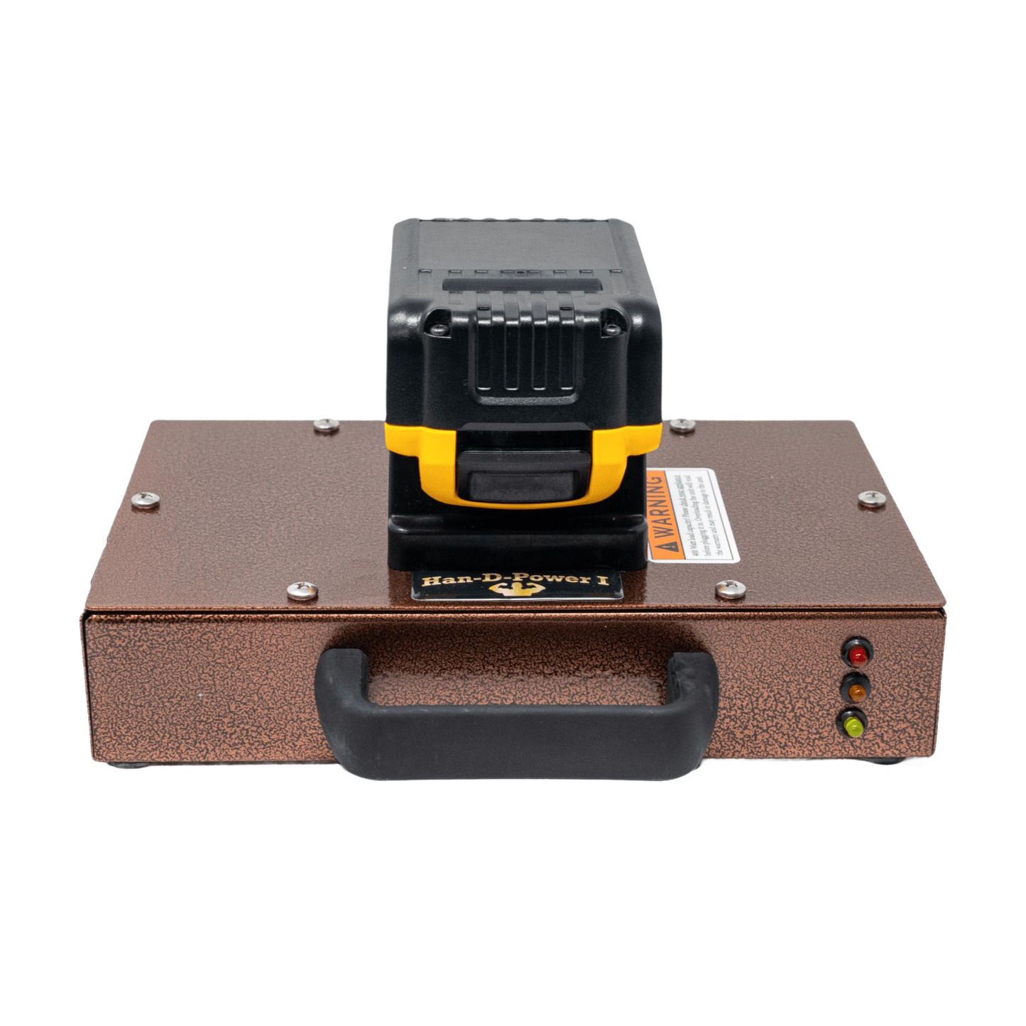 Compact portable inverter with textured brown metal casing and black handle, designed for reliable power supply using Milwaukee or DeWalt tool batteries, ideal for Farm, Garden & Tool and Emergency Supplies collections.