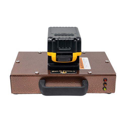 Compact portable inverter with textured brown metal casing and black handle, designed for reliable power supply using Milwaukee or DeWalt tool batteries, ideal for Farm, Garden & Tool and Emergency Supplies collections.
