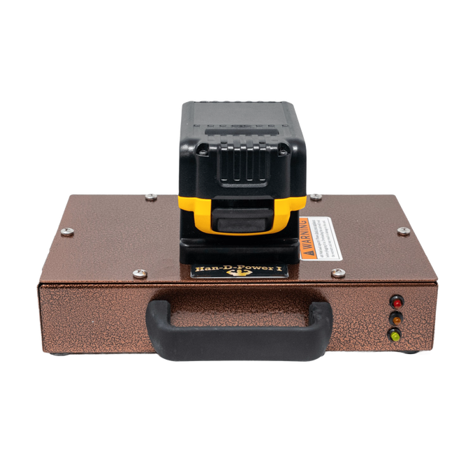 Compact portable inverter with textured brown metal casing and black handle, designed for reliable power supply using Milwaukee or DeWalt tool batteries, ideal for Farm, Garden & Tool and Emergency Supplies collections.