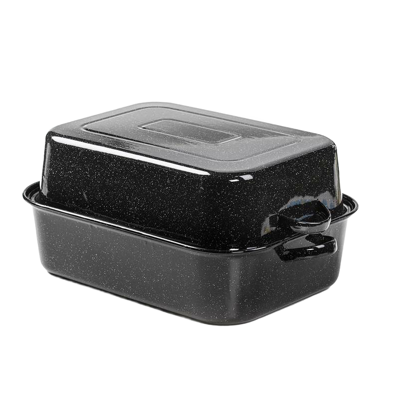 Dark speckled graniteware roasting pan with fitted lid doubling as second pan, featuring sturdy handles for stability, ideal for large batch cooking in Kitchen & Food and Cookware collections.