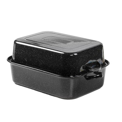 Dark speckled graniteware roasting pan with fitted lid doubling as second pan, featuring sturdy handles for stability, ideal for large batch cooking in Kitchen & Food and Cookware collections.