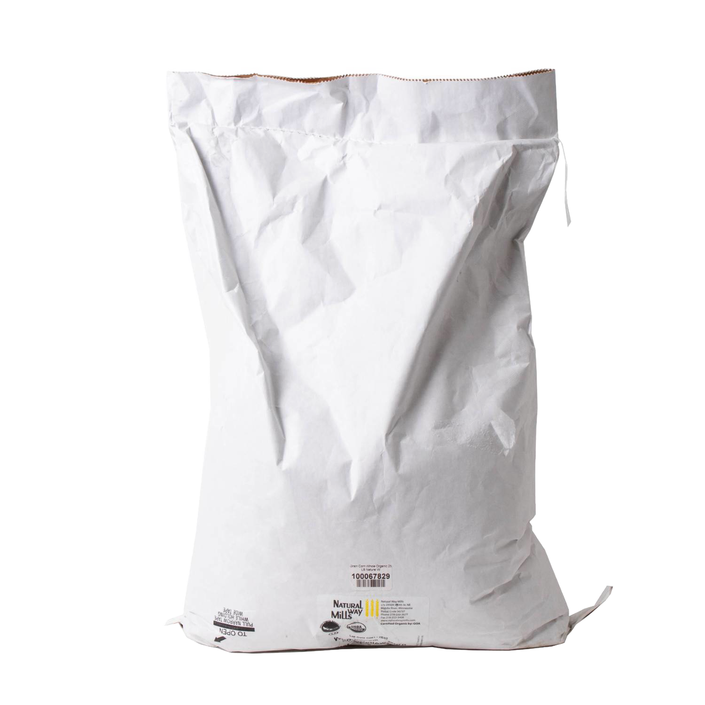 Large white paper bag containing organic whole kernel yellow corn, handcrafted in the USA, suitable for grinding into fresh flour or corn meal, featured in Pantry and Kitchen & Food collections.