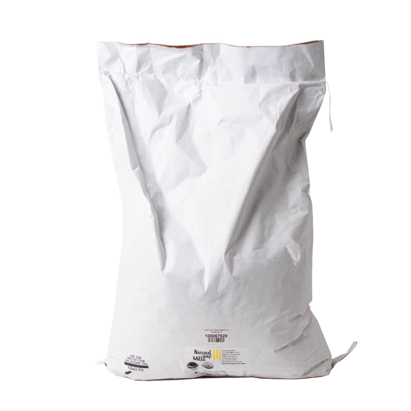 Large white paper bag containing organic whole kernel yellow corn, handcrafted in the USA, suitable for grinding into fresh flour or corn meal, featured in Pantry and Kitchen & Food collections.