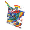 Colorful mechanical flying bird toy with vibrant red, yellow, blue, and green wings, displayed with original packaging promoting outdoor play, lawn games, and children's toys collections.