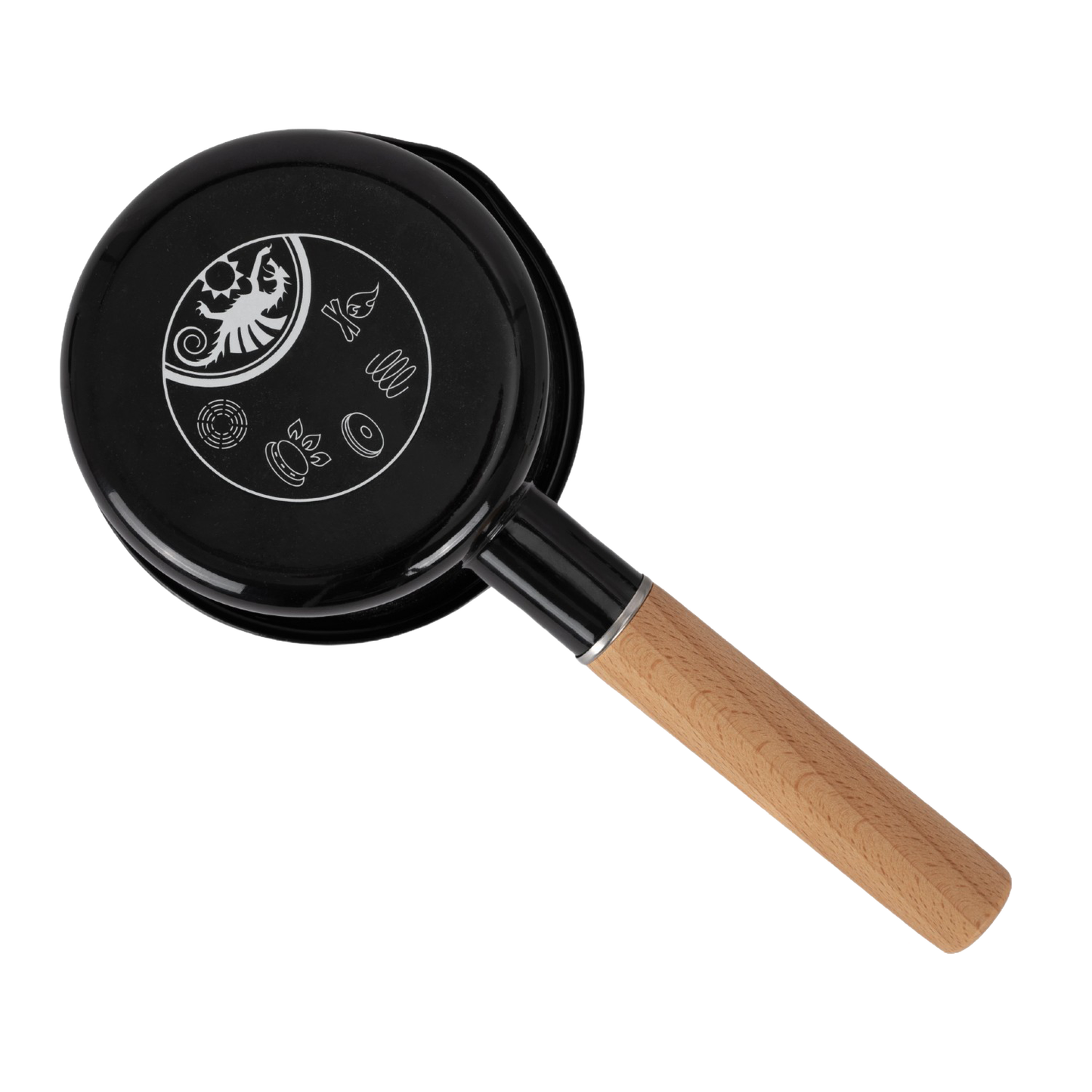 Black enamel pan with a smooth natural wooden handle featuring unique decorative etchings on the base, designed for versatile outdoor cooking in Farm, Garden & Tool, Kitchen & Food, Camping, Cookware, and Best Sellers collections.