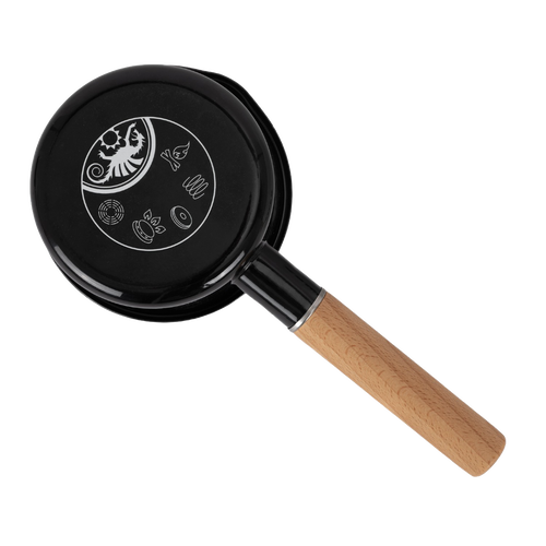 Black enamel pan with a smooth natural wooden handle featuring unique decorative etchings on the base, designed for versatile outdoor cooking in Farm, Garden & Tool, Kitchen & Food, Camping, Cookware, and Best Sellers collections.