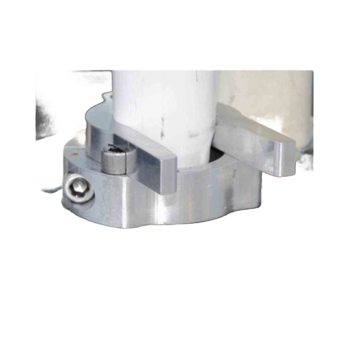 Close-up of a sturdy aluminum clamp securing a white vertical pipe, designed for durable use in deep well water pump systems, part of USA Made and Best Sellers collections.