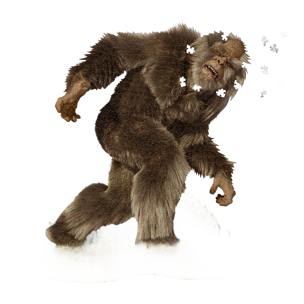 Detailed illustration of a shaggy Sasquatch figure standing on grassy terrain, featuring lifelike fur textures and a dynamic pose, perfect for Games and Puzzles and Children’s Toys collections.