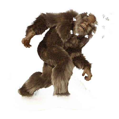Detailed illustration of a shaggy Sasquatch figure standing on grassy terrain, featuring lifelike fur textures and a dynamic pose, perfect for Games and Puzzles and Children’s Toys collections.