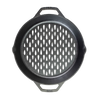 Seasoned cast iron grilling basket with dual handles and perforated teardrop holes for even cooking, crafted for Kitchen & Food, Cast Iron, Grilling, and Best Sellers collections.