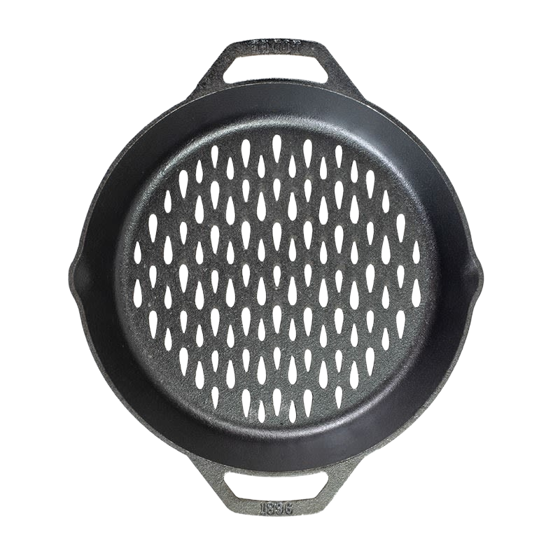 Seasoned cast iron grilling basket with dual handles and perforated teardrop holes for even cooking, crafted for Kitchen & Food, Cast Iron, Grilling, and Best Sellers collections.