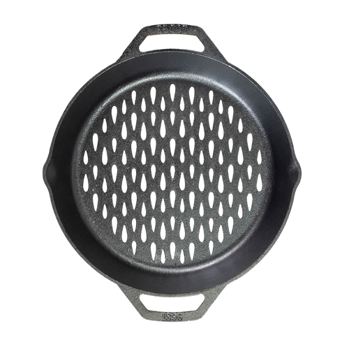 Seasoned cast iron grilling basket with dual handles and perforated teardrop holes for even cooking, crafted for Kitchen & Food, Cast Iron, Grilling, and Best Sellers collections.