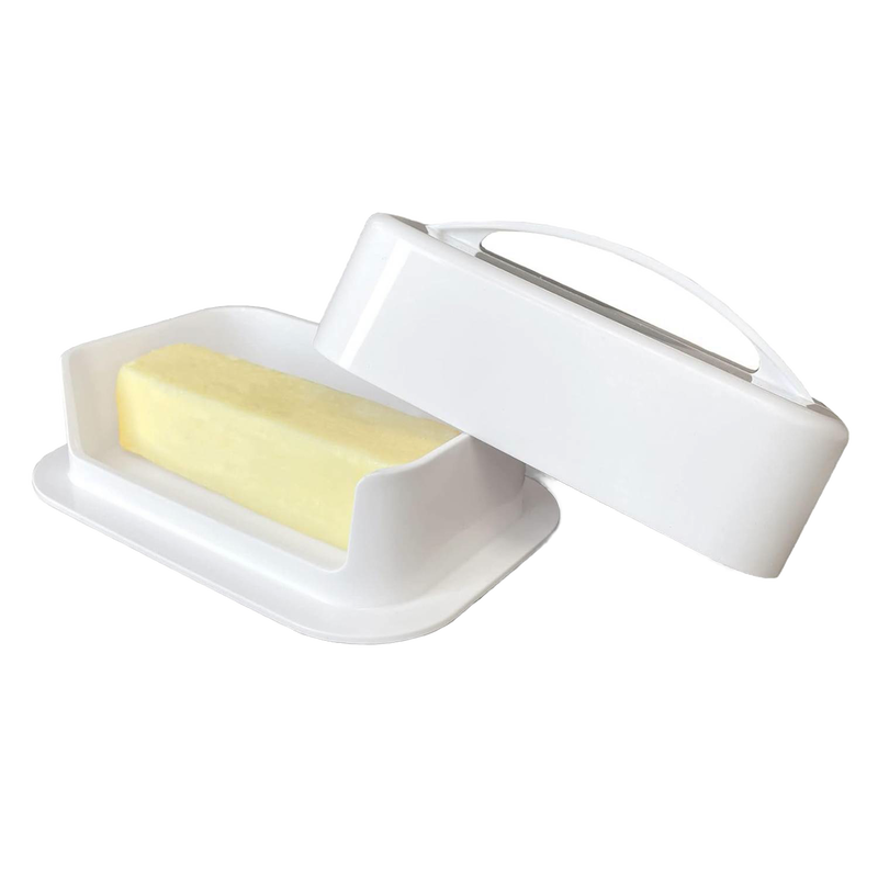 Large white butter dish with high-sided inner tray holding a stick of soft butter, designed to prevent mess and keep butter spreadable, ideal for kitchen storage and serving.