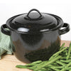 Black hardened porcelain coated steel cooking pot with lid, ideal for camping and kitchen use, shown with fresh green beans, part of Farm, Garden & Tool and Cookware collections.