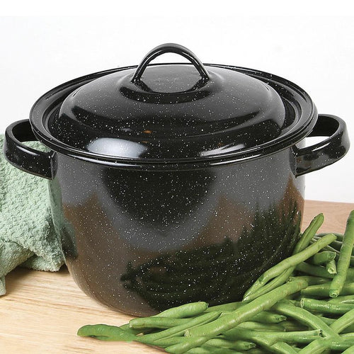 Black hardened porcelain coated steel cooking pot with lid, ideal for camping and kitchen use, shown with fresh green beans, part of Farm, Garden & Tool and Cookware collections.
