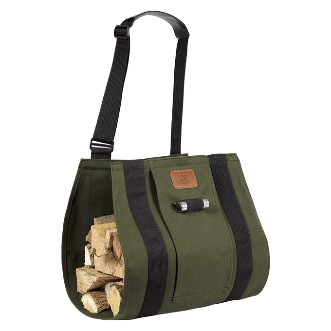 Sturdy green firewood carrier sling with adjustable black straps, designed to distribute heavy loads ergonomically, ideal for Farm, Garden & Tool, Wood Cutting and Hauling, USA Made, Hearth Accessories, and Best Sellers collections.