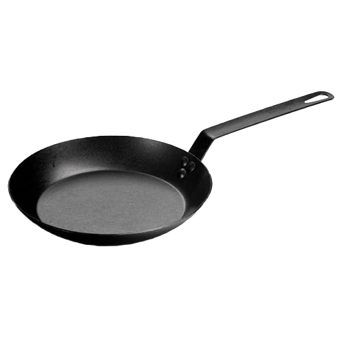 Pre-seasoned black steel skillet with a long sturdy handle, crafted from durable carbon steel for high-heat cooking, ideal for Kitchen & Food, Cookware, Pots and Pans, USA Made, Best Sellers, and Promo Eligible collections.