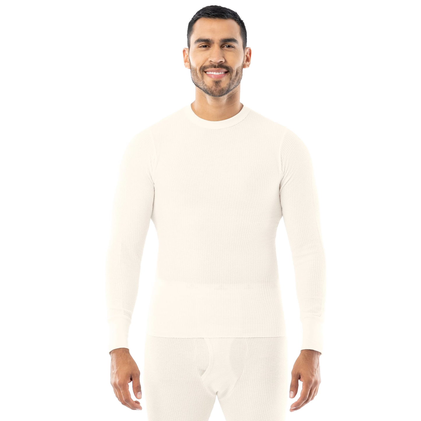 Man wearing a handcrafted natural cream-colored thermal shirt with circular waffle knit texture, designed for warmth in cold temperatures, featured in Health & Wellness, Clothing and Accessories, Best Sellers, and Promo Eligible collections.