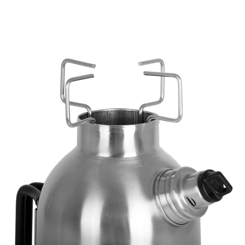 Stainless steel fire kettle lid with integrated metal pot stand and screw-on spout cover, designed for efficient outdoor boiling in camping, farm, garden, and emergency supplies collections.