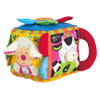 Soft fabric farmyard cube toy featuring colorful animal faces, textured ears, and a bright red handle, designed for interactive indoor play and early learning.
