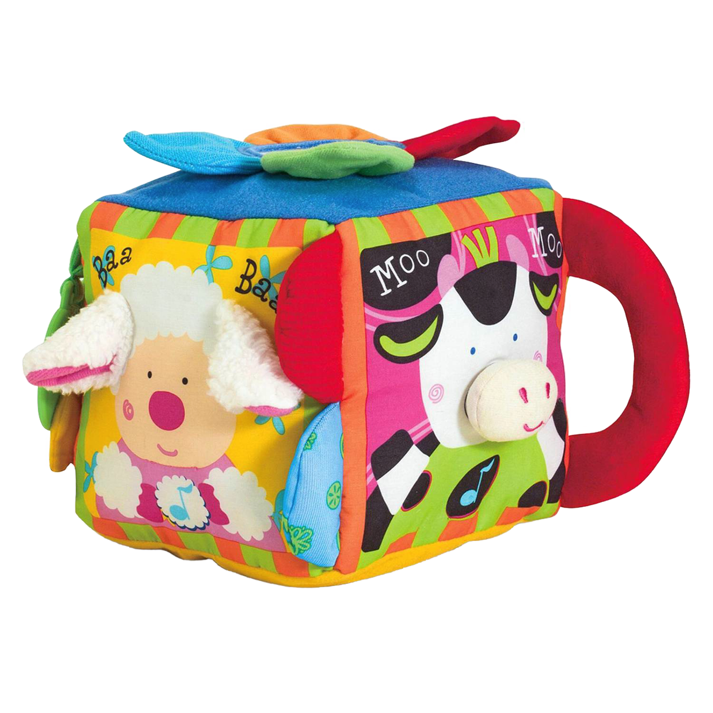 Soft fabric farmyard cube toy featuring colorful animal faces, textured ears, and a bright red handle, designed for interactive indoor play and early learning.