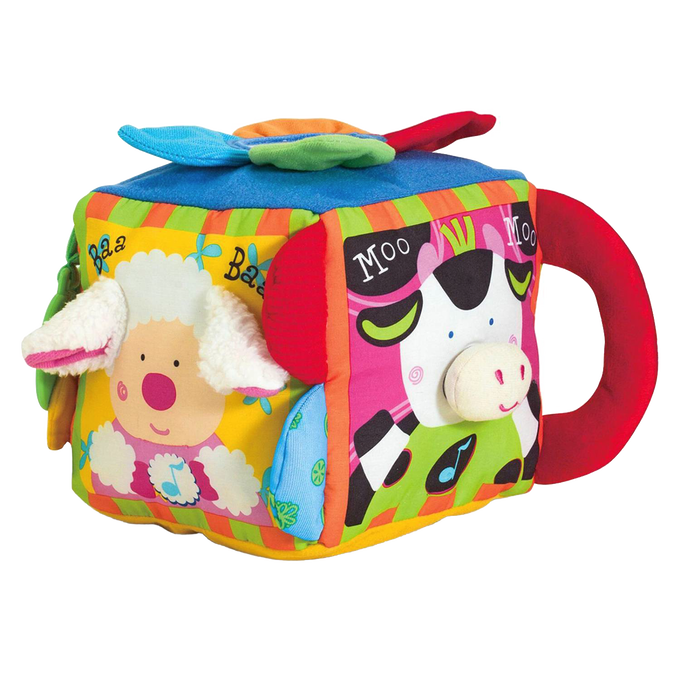 Soft fabric farmyard cube toy featuring colorful animal faces, textured ears, and a bright red handle, designed for interactive indoor play and early learning.