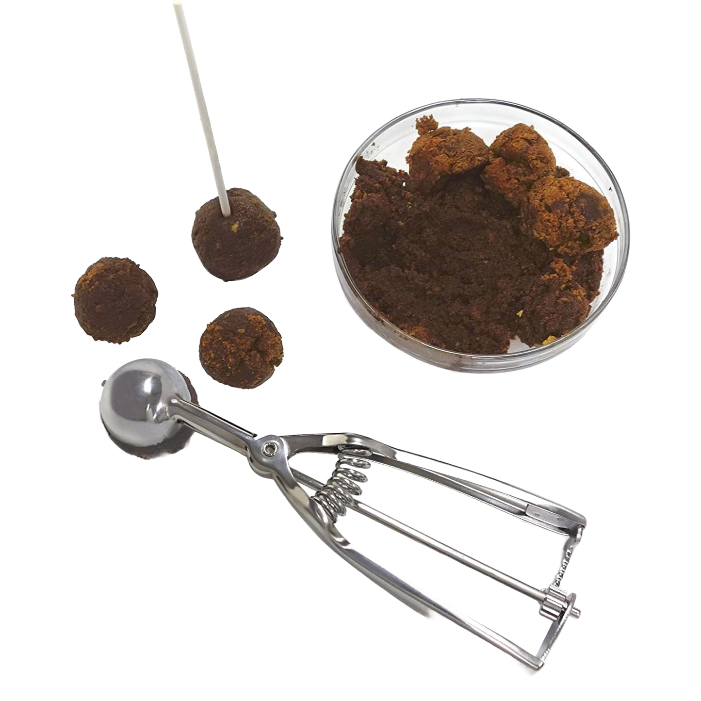 Stainless steel kitchen scoop designed for uniform cookie dough or melon balls, handcrafted for cooking and baking helpers, kitchen gadgets, cookware, and best sellers collections.