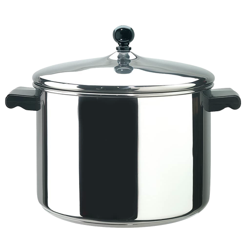 Shiny stainless steel covered saucepot with black side handles and knob, crafted for durability and quick heating, suited for Kitchen & Food, Cookware, Pots and Pans, Best Sellers, and Promo Eligible collections.
