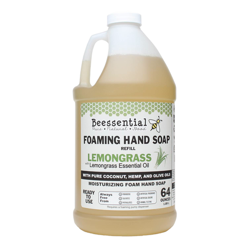 Large 64-ounce bottle of handcrafted foaming hand soap refill scented with lemongrass essential oil, made with natural coconut, hemp, and olive oils, featured in Health & Wellness, Grooming and Personal Hygiene, Soaps and Soapmaking, Soaps, USA Made, Best Sellers, and Promo Eligible collections.
