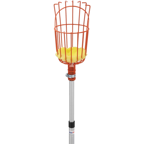 Enameled steel fruit picking basket with padded yellow base attached to an adjustable telescoping aluminum pole, ideal for Farm, Garden & Tool, Apple Harvest Supplies, and Best Sellers collections.