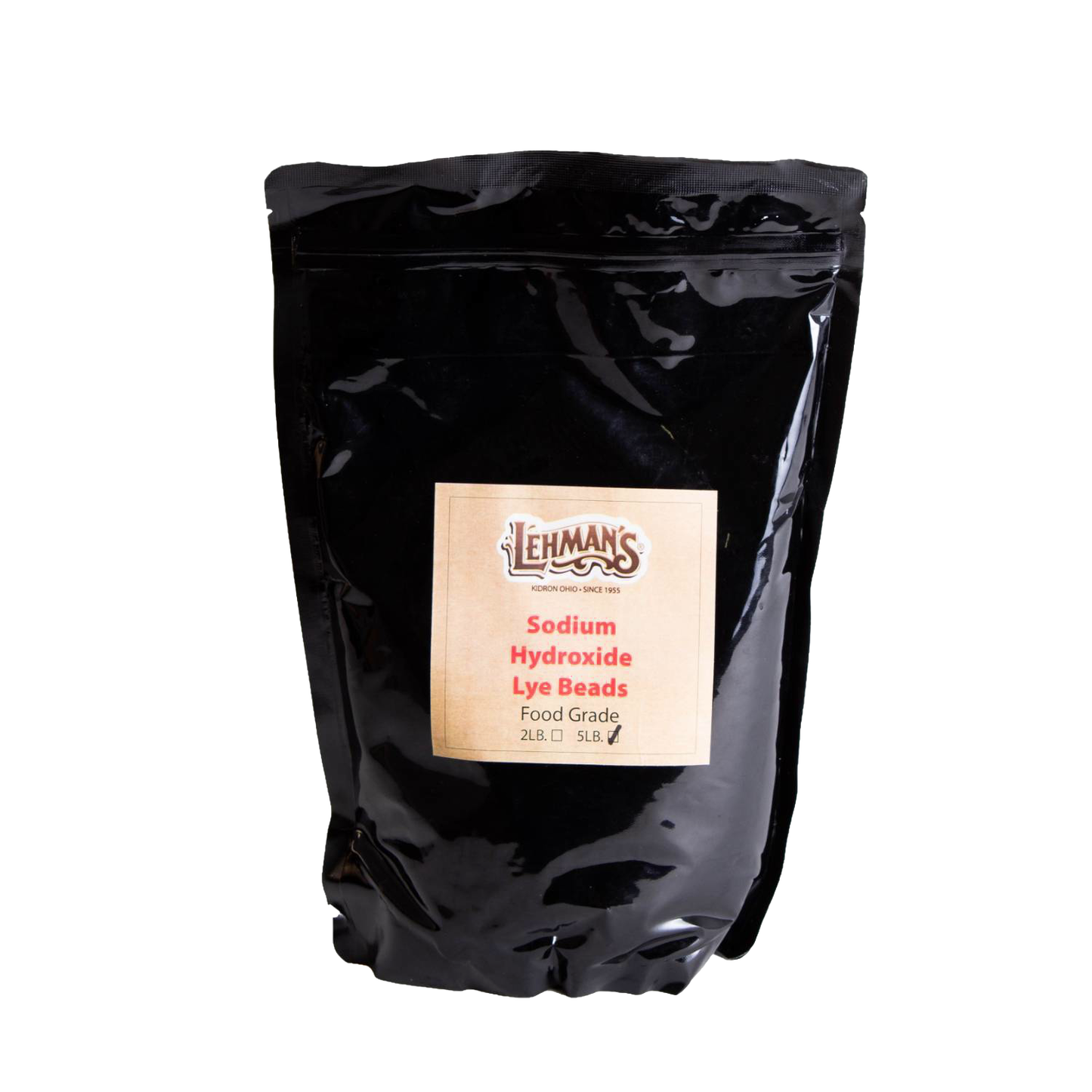 Resealable black bag of food-grade sodium hydroxide lye beads in 2-lb or 5-lb sizes, ideal for soapmaking and included in Health & Wellness, Soaps and Soapmaking, and USA Made collections.