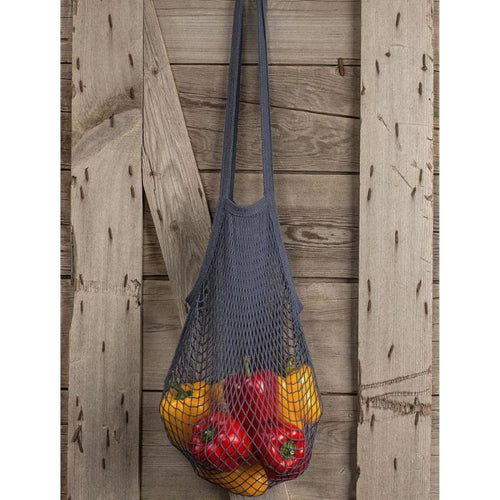 Dark gray ECOBAGS Errand String Bag made from 100% natural cotton with azo-free dyes, filled with fresh bell peppers, ideal for Kitchen & Food, Storage and Serving, Best Sellers, and Promo Eligible collections.