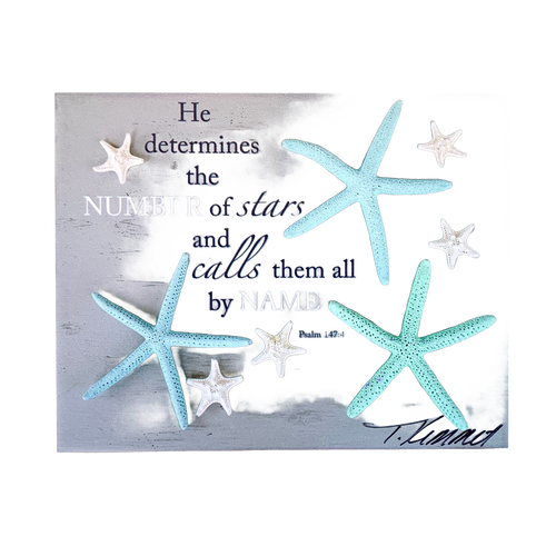 Amish made handcrafted 5"x7" plaque featuring blue and white starfish with the uplifting Bible verse from Psalm 147:4, ideal for Home & Decor, Best Sellers, and Promo Eligible collections.