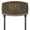 Custom bronze-toned lawn plaque with raised border and two-line address, handcrafted in USA, enhancing curb appeal in Home & Decor and Mailboxes and Address Signs collections.