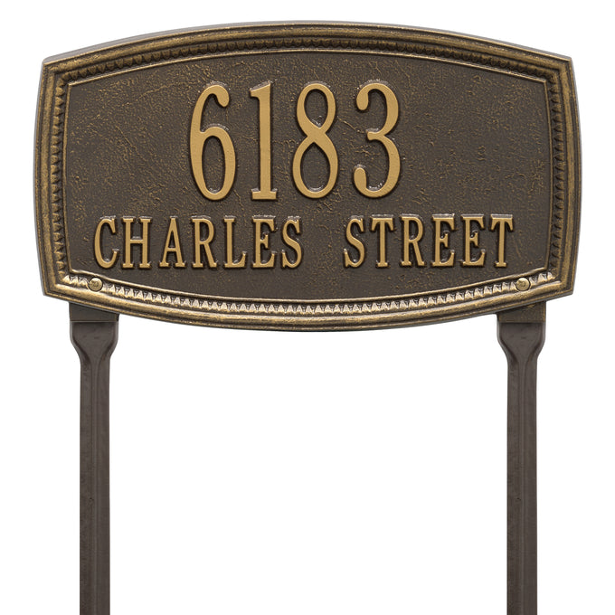 Custom bronze-toned lawn plaque with raised border and two-line address, handcrafted in USA, enhancing curb appeal in Home & Decor and Mailboxes and Address Signs collections.