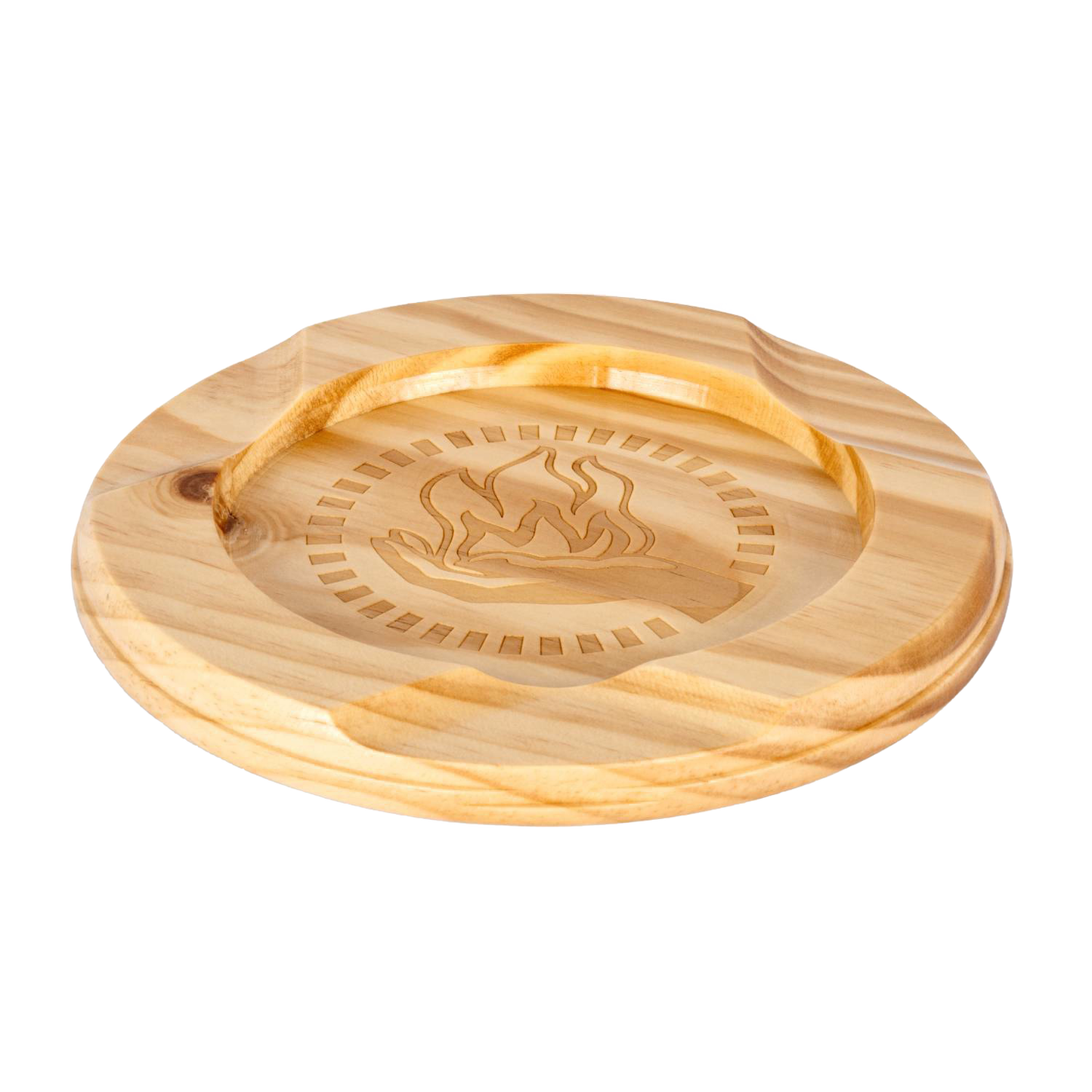 Round wooden lid with a carved flame emblem in the center, designed as a handcrafted accessory for the Feuerhand Tamber Tabletop Charcoal Grill, featured in Farm, Garden & Tool and Grilling collections.