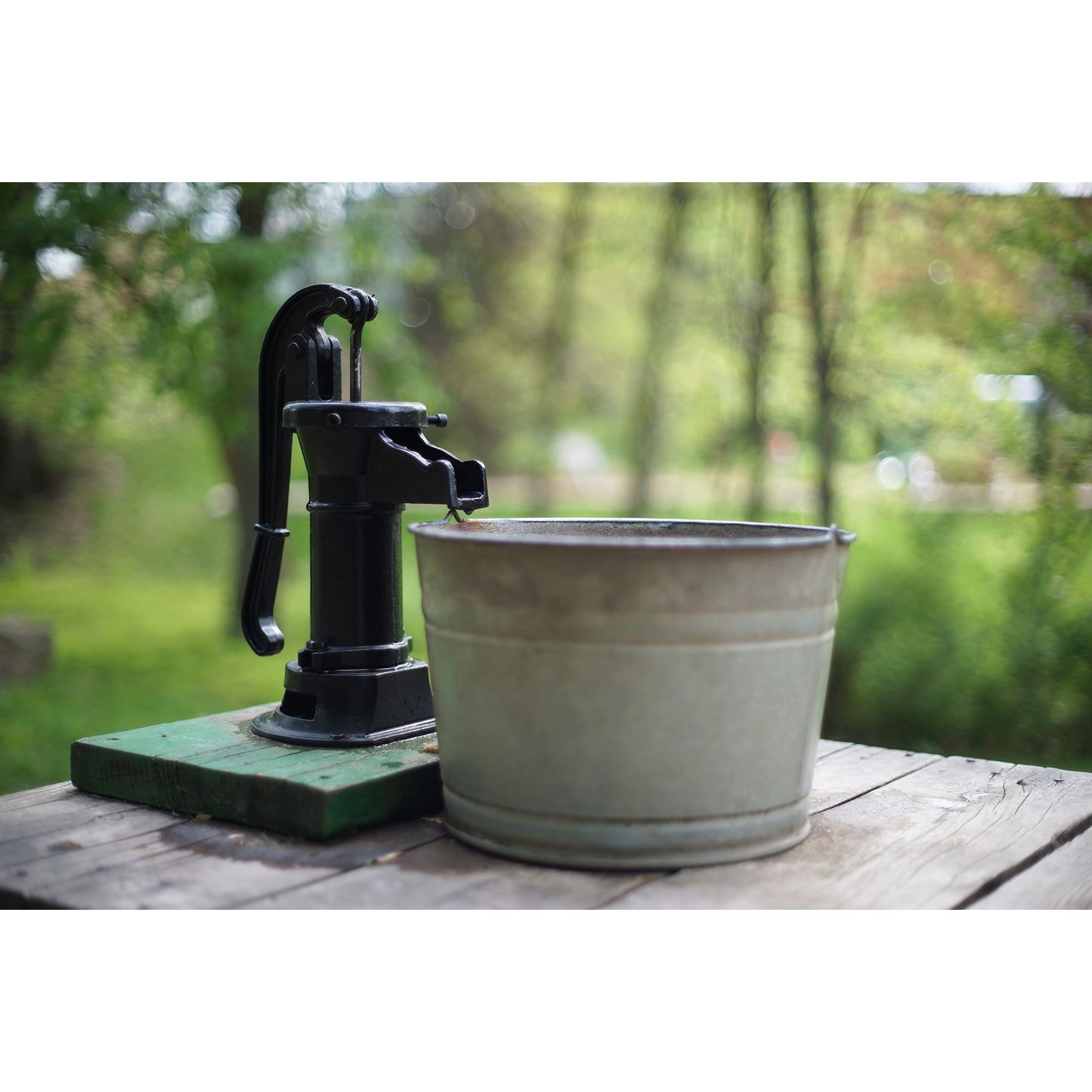 Black vintage hand water pump mounted on a green wooden base next to a weathered gray metal bucket, set on a rustic wooden table outdoors with a blurred natural background, featured in Home and Garden How-To Books and Best Sellers collections.