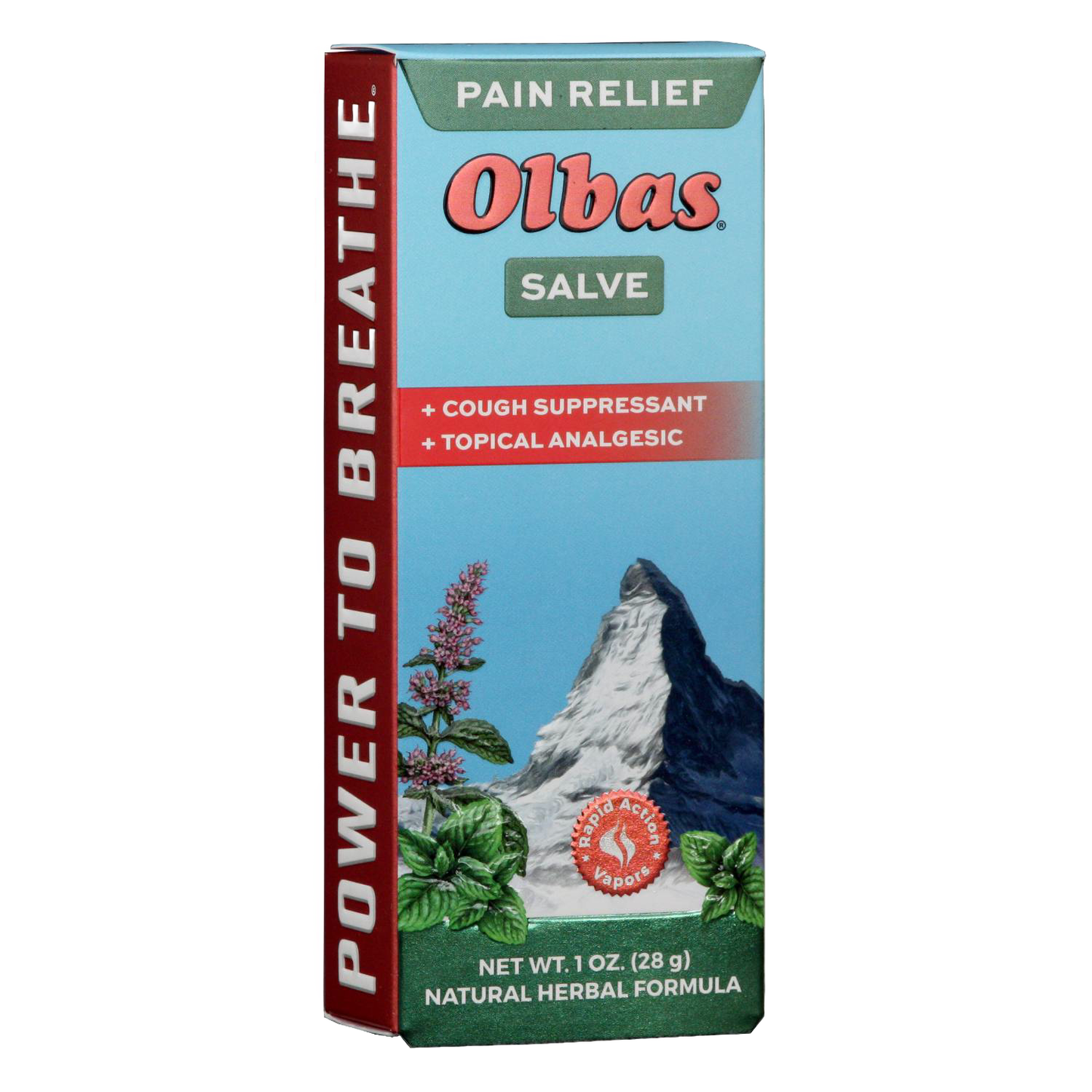 Box of soothing herbal salve with fast-absorbing formula for pain relief and cough suppression, featuring natural ingredients and vibrant mountain and mint plant graphics, ideal for Health & Wellness.