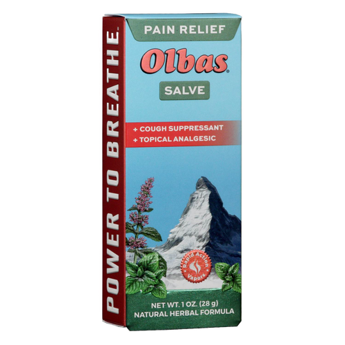 Box of soothing herbal salve with fast-absorbing formula for pain relief and cough suppression, featuring natural ingredients and vibrant mountain and mint plant graphics, ideal for Health & Wellness.